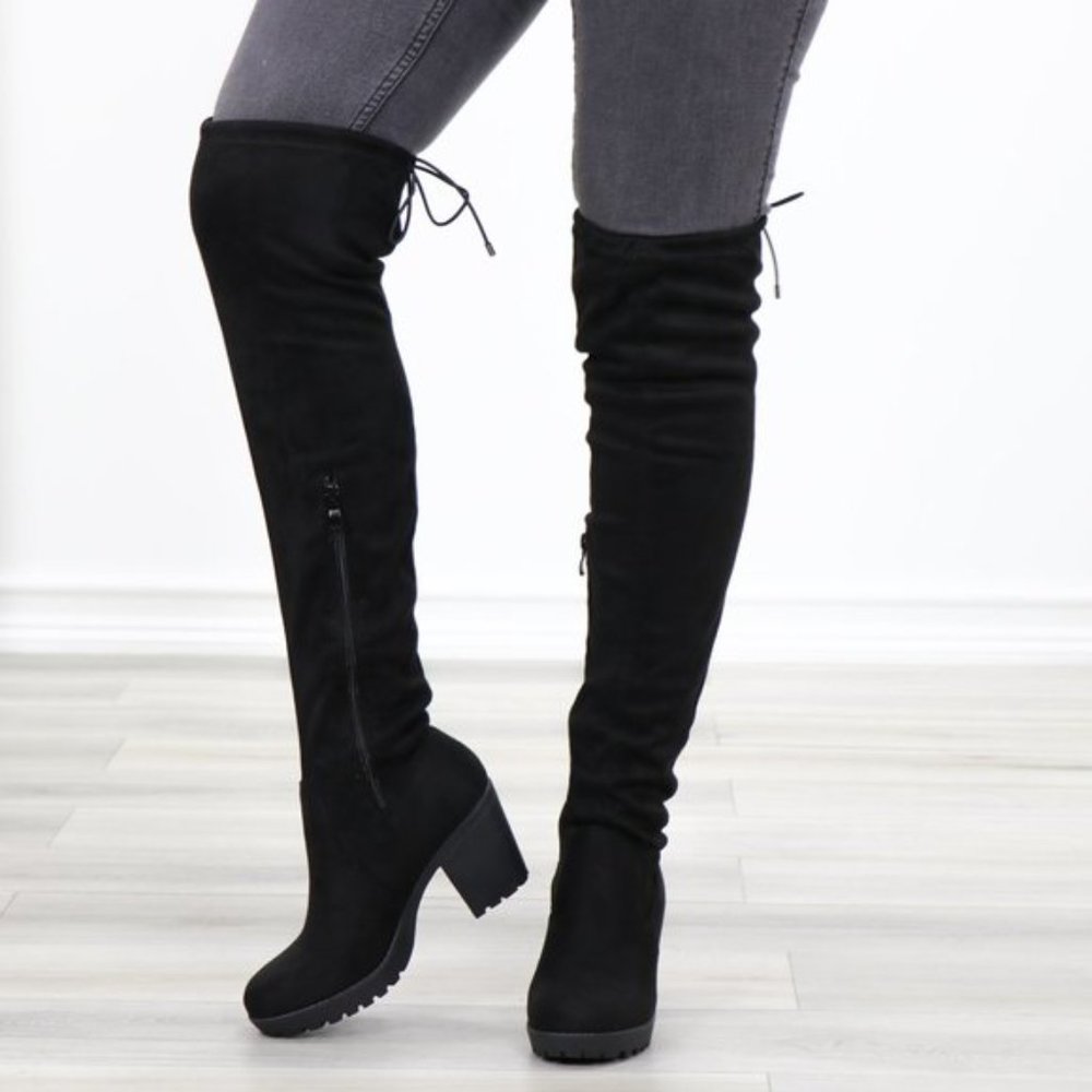 Lug Chunky Heel BlackThigh High Suede Boots - Picture 16 of 16